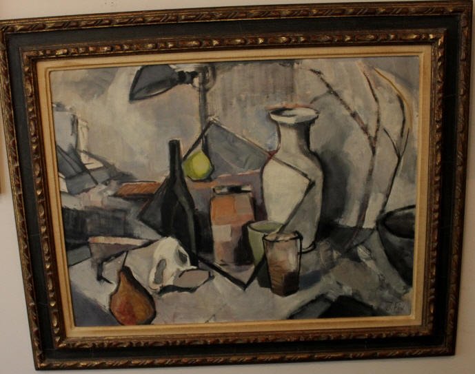 Oil Painting Cubist Table Still Life J. Fin: Height 18 Inches Width 24 Inches. From a New York New York Collection.