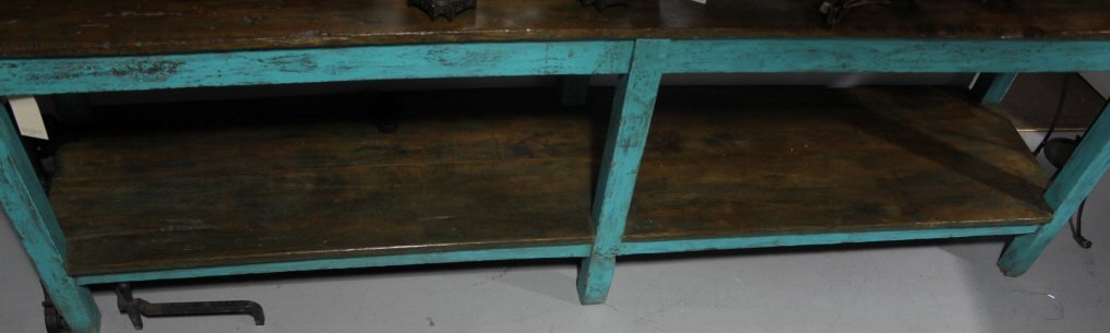American Country Style Custom Made Farm Table: Can also function as kitchen counter or island. Custom made with antique wood. Length 115 inches. Height 36 inches. Depth 23 inches