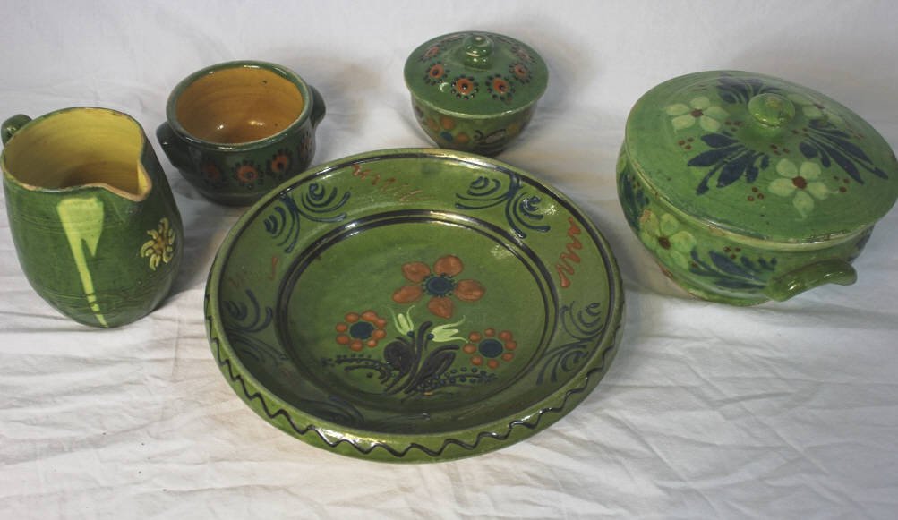 5 Pieces French Provencal Jaspe Pottery - Green: Green glaze w. flowers. Some 19th century. Including shallow dish (12 inches diameter) covered casserole covered bowl small bowl milk pitcher. Minor glaze chips.