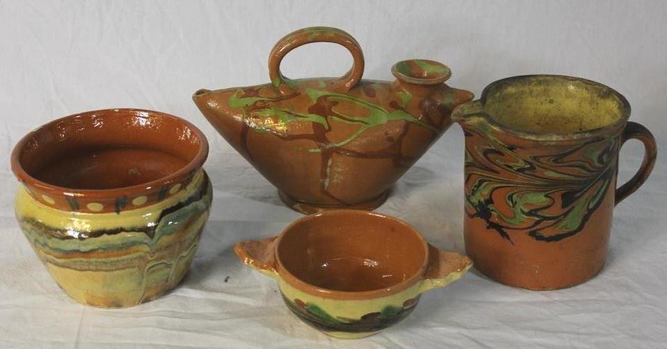 4 Pieces French Provencal Jaspe Pottery: Marble glaze. Comprising a teapot milk pitcher bowl vase.Height of tallest 5.5 inches. Minor chips.