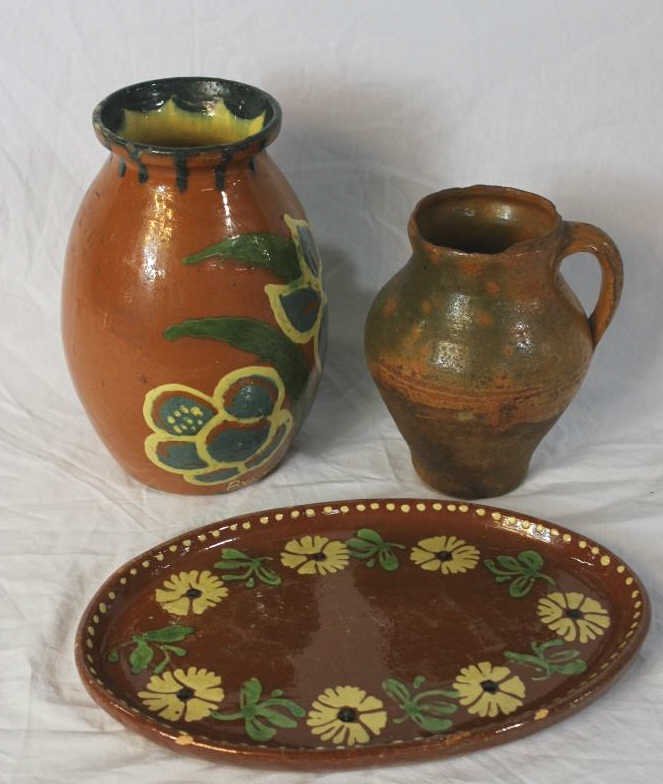 3 Pieces French Provencal Jaspe Pottery: Comprising oval platter tall vase 1 handled urn. Minor chips.