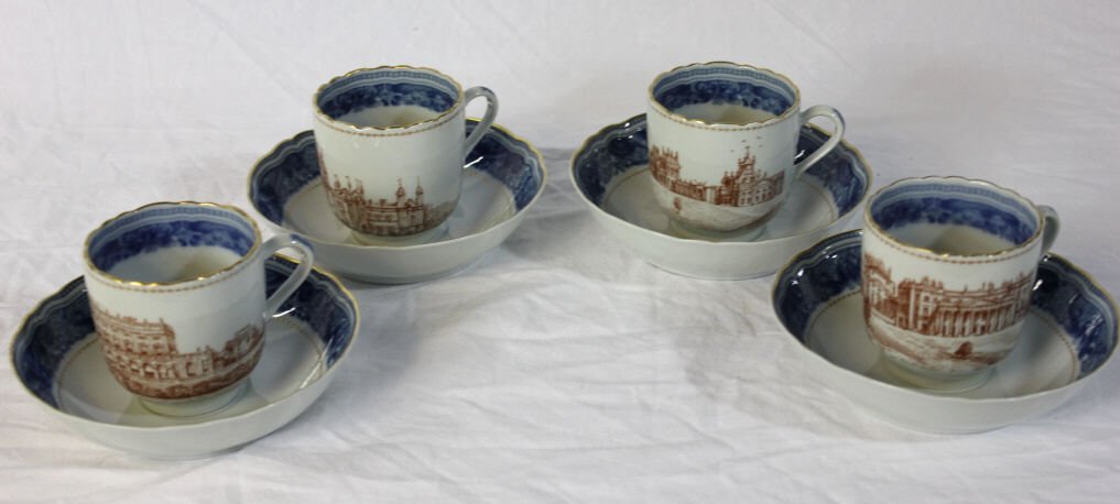 Mottahedeh Porcelain Cups & Saucers: Chatsworth Collection. 4 Cups & Saucers.