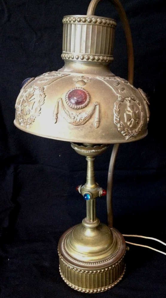 Antique French Jeweled Desk Lamp: Height 18 inches. Small metals marked Republique Francaise