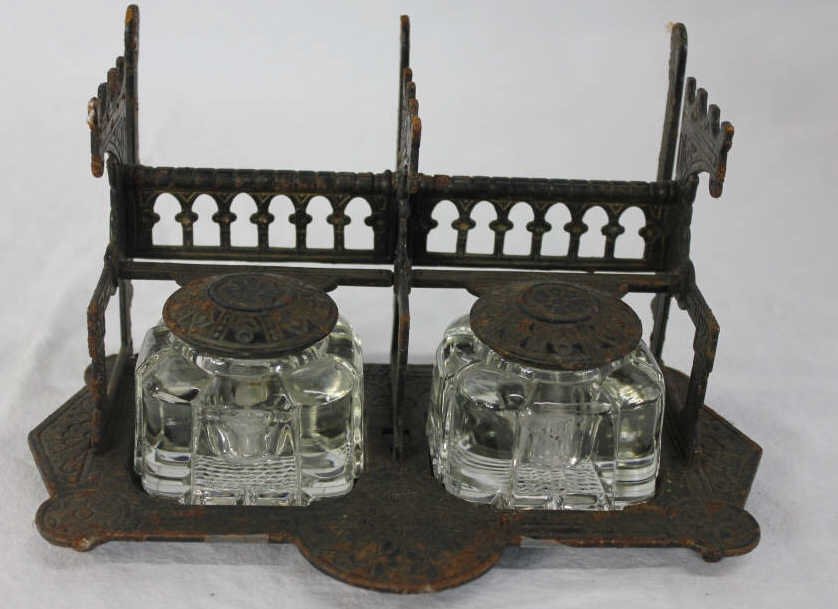 Antique Victorian Aesthetic Movement Inkwell: Double Inkwell with pen rest. height 5 inches. Length 9 inches. Depth 5 inches.