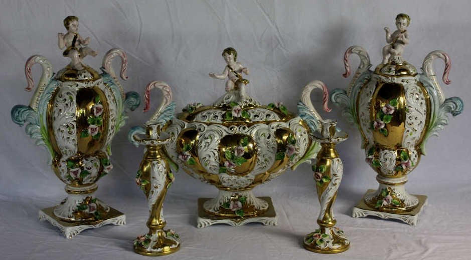 Italian Capodimonte Porcelain Pieces: Large Tureen Pair Urns Pair Candle Sticks. Property of a Mamaroneck NY Estate.