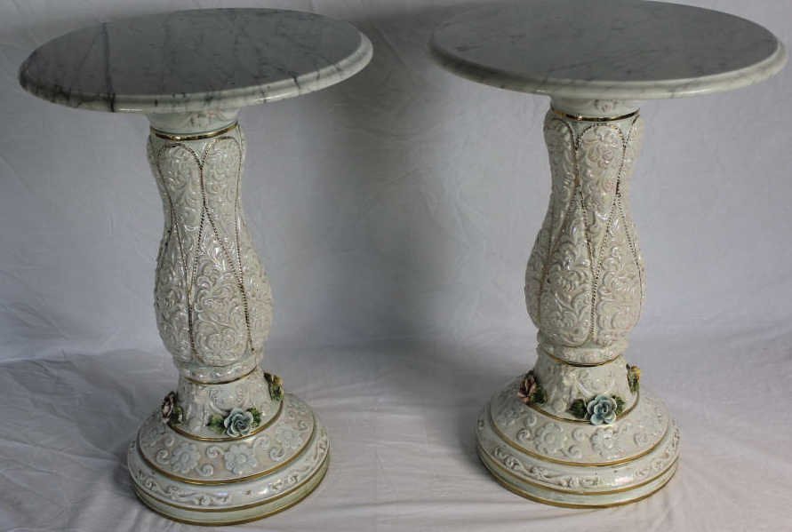 Pair Italian Porcelain & Carrara Marble Pedestals: Property of a Mamaroneck NY Estate.