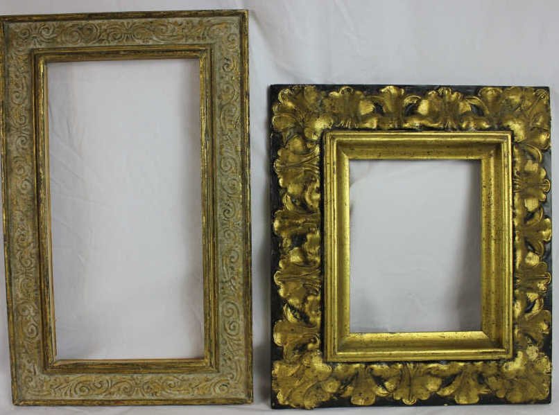 2 Vintage Museum Quality Painting Frames: French Empire exterior measurements 18 inches by 16 inches. Interior measurements 10 inches by 8 inches. Italian Florentine exterior measurements 22 inches by 14 inches. Interior measurements 16.5 by 
