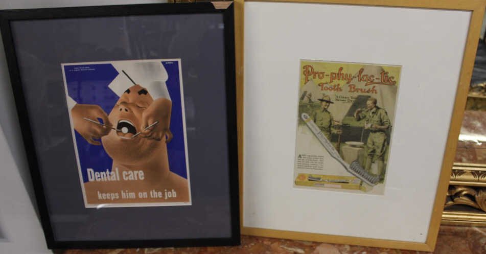 2 Vintage Dental / Medical Posters: "Dental Care Keeps Him on the Job" By H. Christ "Pro-phy-lac-tic Toothbrush" Army Poster Larger of the two measures 18 inches by 22 inches. Property of a Bedford Hills NY Home.