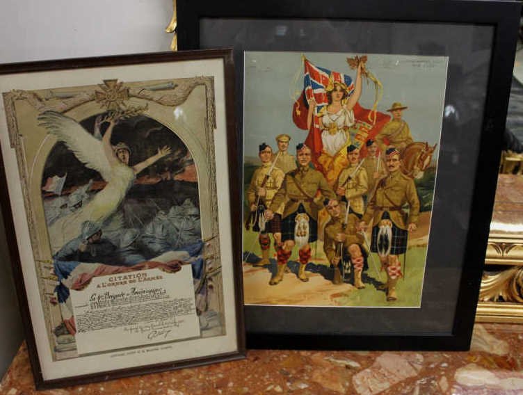 Military Posters Maple Leaf & US Marines: "The Maple Leaf Forever" By H. Canibet. Citation A L'Ordre De L'Armee Larger of the two 21 inches by 18 inches. Property of a Bedford Hills NY Home.
