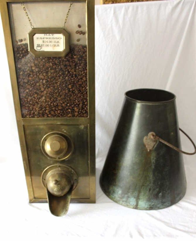 Antique Espresso Machine & Milk Bucket: Height of Espresso Machine 29 inches. Width 10 inches. Depth 10 inches. Property of a Bedford Corners NY Home.