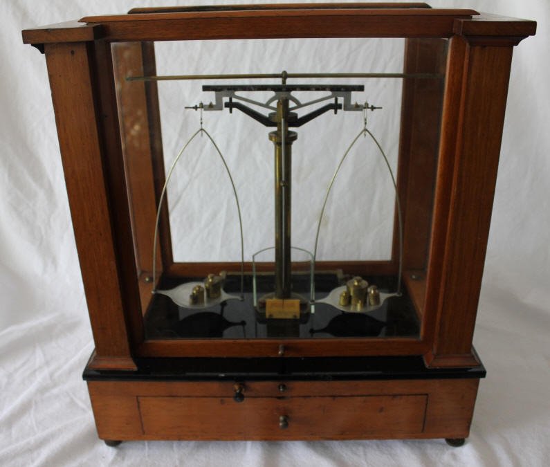 Large Antique Chemist Scale Original Case: Height 19 inches. Length 17 inches. Depth 9.5 inches. Property of a Bedford NY Home.