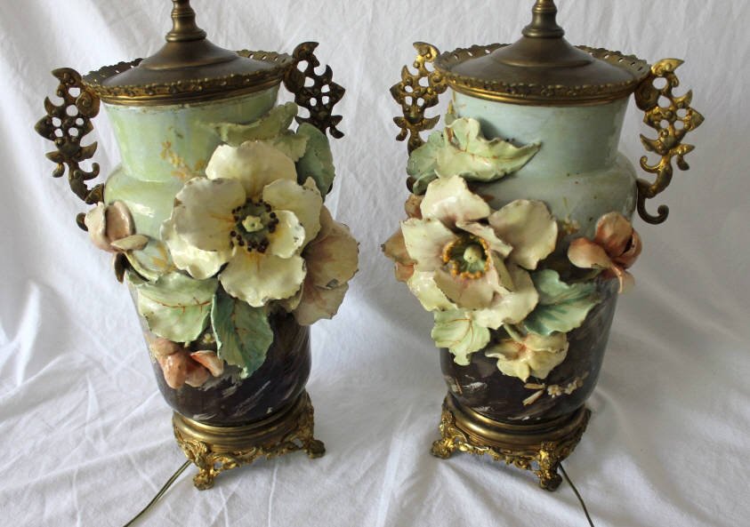 Pair Gilt Bronze Mount Majolica Vase Lamps: Property of a Bedford NY Home. Height 28 inches. Width 10 inches.