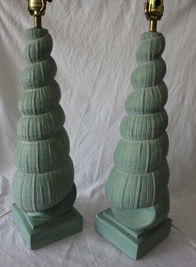 Pair Vintage Sea Shell Form Lamps: Height 31 inches. Condition: chip on one corner of the base. Property of a Bedford NY Home.