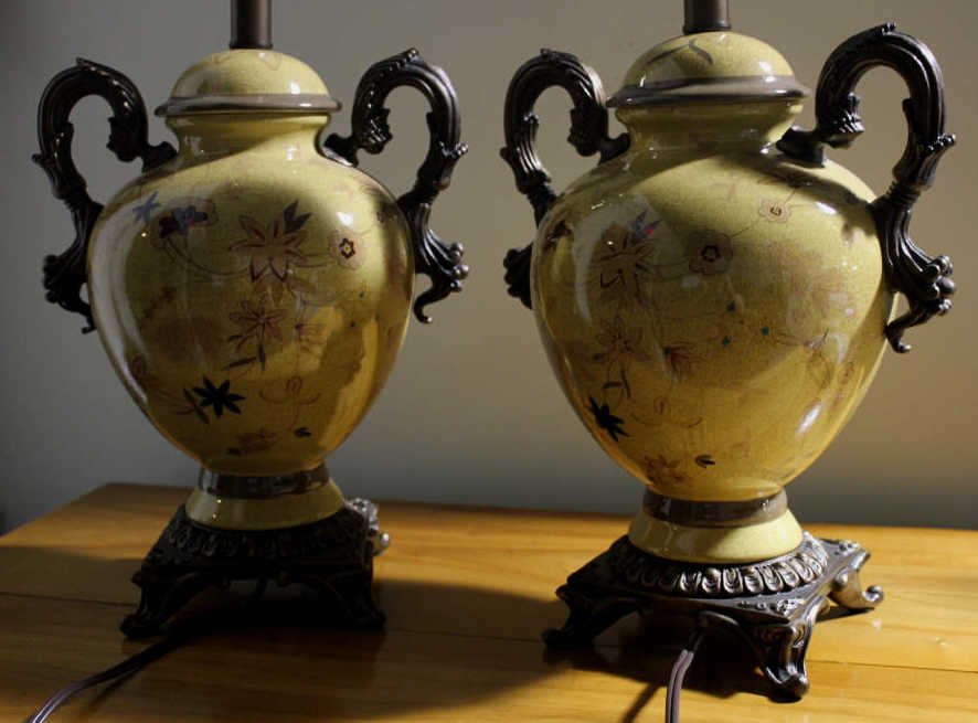 Pair Gilt & Hand Painted Porcelain Urn Lamps: Height 30 inches. Property of a Bedford NY Home.