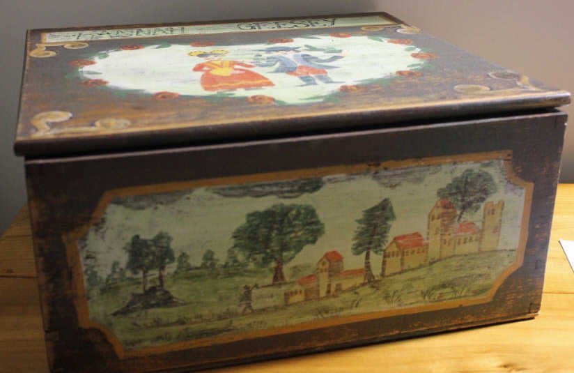 Vintage Hand Painted Folk Art Box: Property of a Bedford NY Home. Height 8 inches. Length 17 inches. Depth 14 inches.