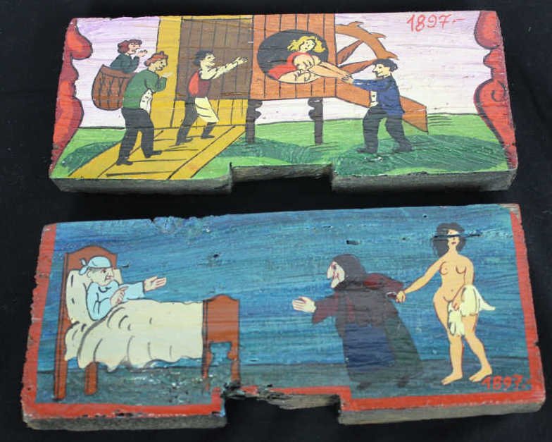 2 Antique Continental Wooden Plaques 1897: Measures 4" x 10" Property of a New Mexico Estate.