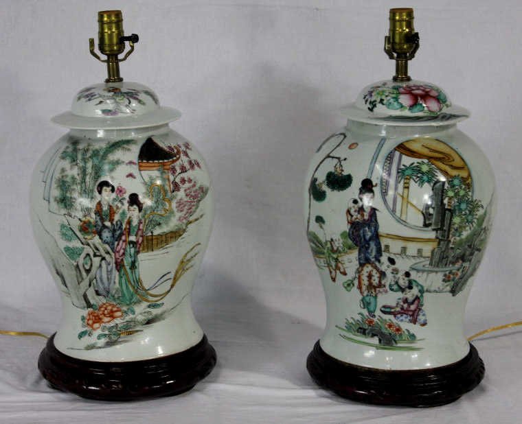 Pair Antique Chinese Porcelain Ginger Jar Lamps: With inscriptions & hand painted scenes. Height 21 Inches.