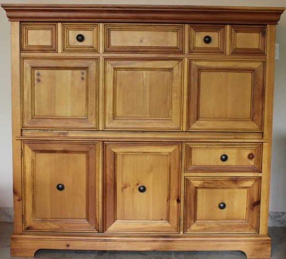 Contemporary Pine Drop Front Secretary Desk: Property of a Bedford NY Estate. Height 56.5 inches. Width 61 inches. Depth 21.5 inches. Top with faux drawers reveals drop front with space for computer & office equipment.