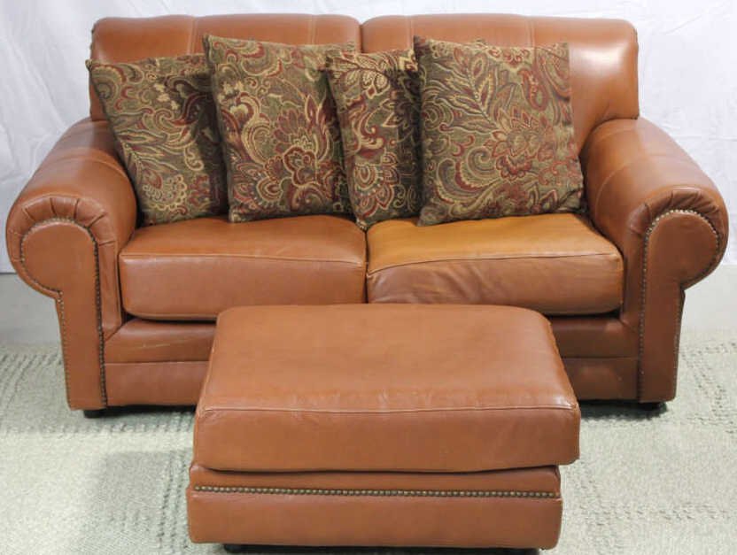 Contemporary Modern Brown Leather Settee Ottoman: Property of a Bedford NY Estate. With four custom made upholstery & pillows. Studded upholstery details. Height 32 inches. Width 61 inches. Depth 38 inches