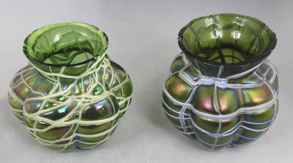 Two Antique Art Glass Loetz Vases: Gourd for with flair rims iridescent green with meandering threading. Condition: Each w. chips Height of tallest 4 inches.