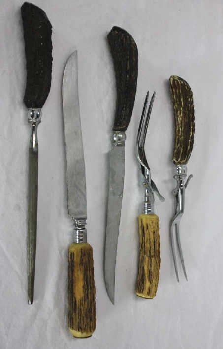Five Vintage Antler Mounted Serving Utensils: Length 13.5 Inches
