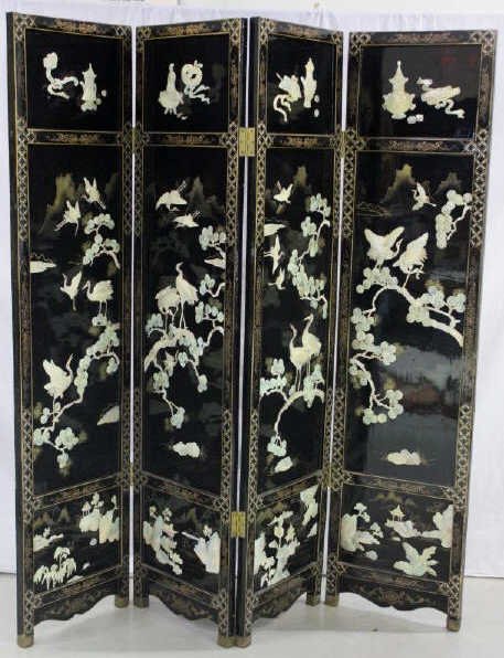 Vintage Chinese Lacquer Alabaster Screen: Four Panels. 1 Side Hand painted. 1 Side inlay mother of pearl Scenes. Height 71" Width 70"