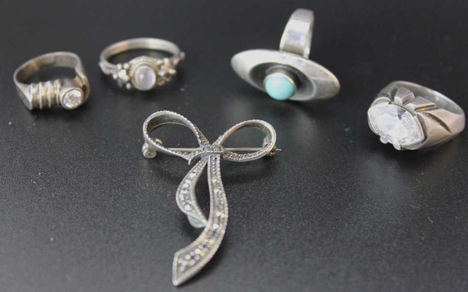 Assorted Sterling Silver Rings & Pins: Assorted Sterling Silver Rings & Pins Bow Pin w. Marcasite, Ring w. Moonstone, Ring w. Turquiose, etc.