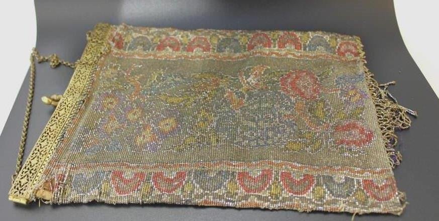Antique Victorian Beaded Dinner Bag Purse: Antique Victorian Beaded Dinner Bag Purse 9 inches by 7 inches. Gilt Metal Frame & Chain. Beaded Floral Motif over Silk.