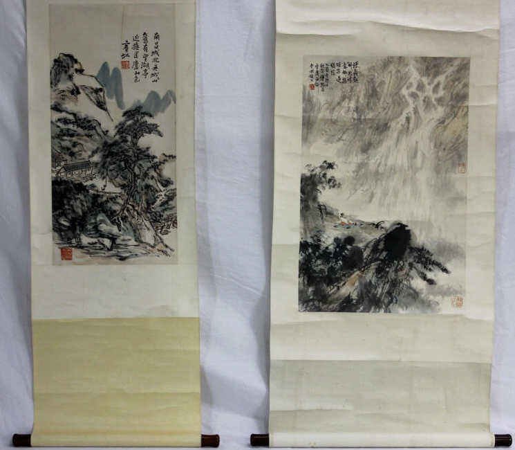 Two Chinese Scrolls: Two Chinese Scrolls Length 72 Inches In the style of Bing Hong and Fu Bao Shi