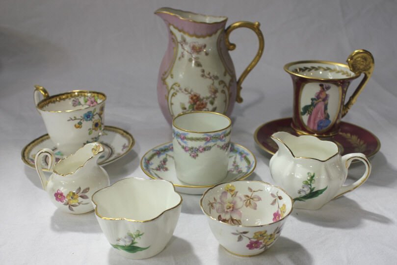 Assorted Vintage English & French Porcelains: Assorted Vintage English & French Porcelains Including Limoges, Staffordshire and Oakley Bone China Cups, Saucers, Creamer,Sugar, Pitcher