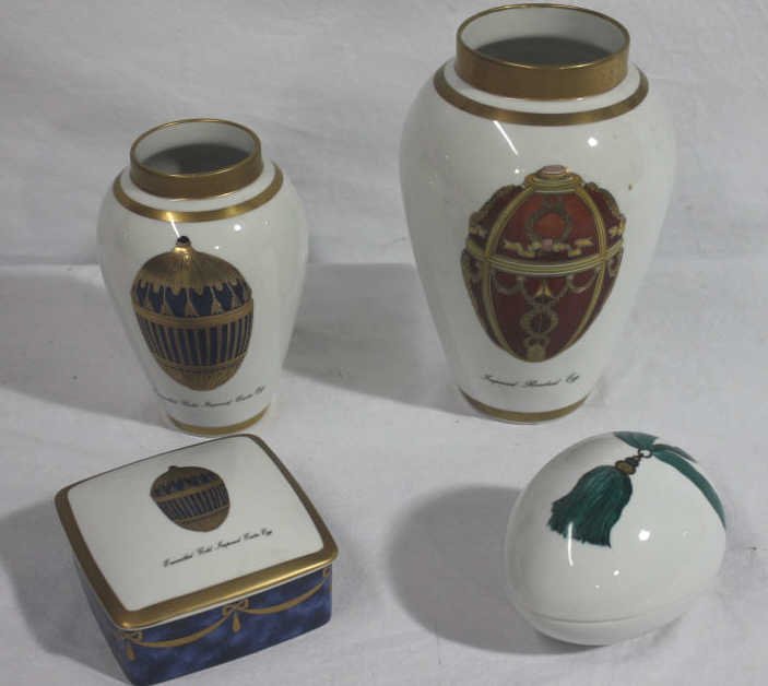 Collection of 4 Faberge Porcelain Articles: Collection of 4 Faberge Porcelain Articles including two vases, an egg form covered box and a square form covered box. Box Measures 5 inches by 5 inches. Estate of Warren Dieter Zander.