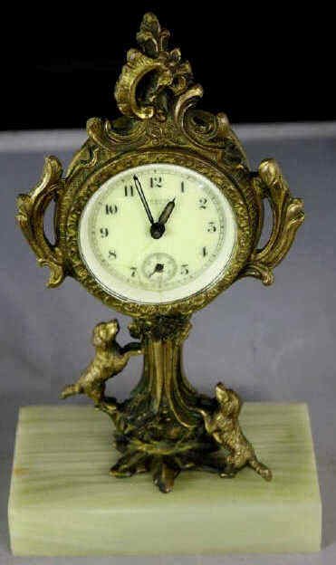 Miniature Mantel Clock of Tree with Dog: Miniature Mantel Clock of Tree with Dog New Haven Clock Co. Height 8 Inches