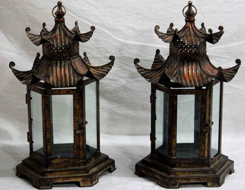 Pair of Metal Pagoda Form Lanterns: Pair of Metal Chinese Lanterns Height 21 Inches Width 13 Inches