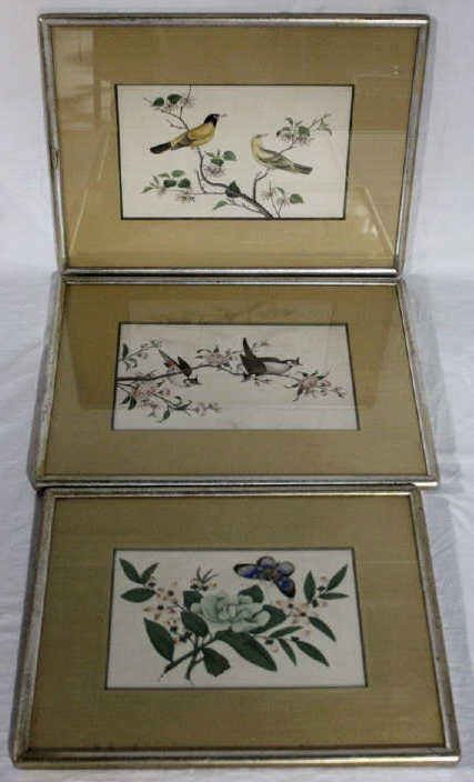Set of Three Hand Painted Birds on Silk: Set of Three Hand Painted Birds on Silk In Frames Height 13 inches Width 17 Inches