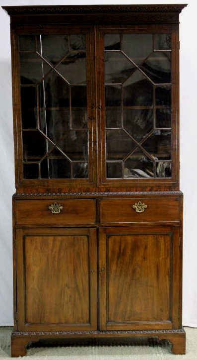 Antique Mahogany Georgian Bookcase: Antique Mahogany Georgian Bookcase Two Glass Doors Height 85 Inches Width 44 Inches Depth 15 Inches