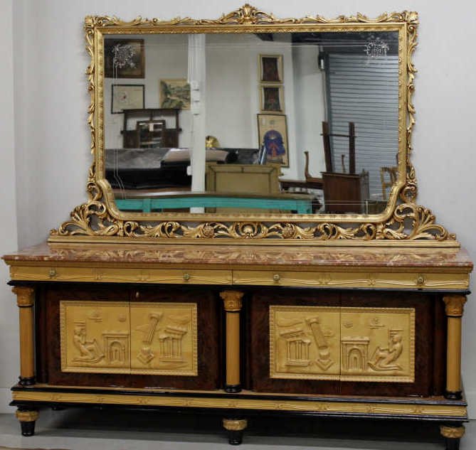Custom Italian Carved Wood & Lacquer Bureau: Custom Italian Carved Wood & Lacquer Bureau Having a mirror surmount, over a marble top, the two cabinet doors with carved relief of Roman antiquity scenes open to reveal fitted drawers. Purchased at 