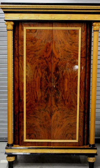 Custom Italian Carved Wood & Lacquer Armoire: Custom Italian Carved Wood & Lacquer Armoire One of a pair. Neoclassical style with light and dark wood contrasted veneers. Purchased at Roma Furniture in New York City. Height 80 inches. Depth 23 inc