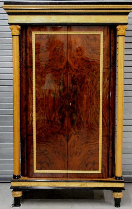 Custom Italian Carved Wood & Lacquer Armoire: Custom Italian Carved Wood & Lacquer Armoire One of a pair. Neoclassical style with light and dark wood contrasted veneers. Purchased at Roma Furniture in New York City. Height 80 inches. Depth 23 inc