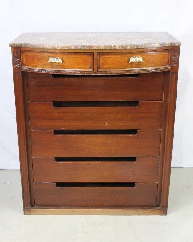 Regency Style Carved Tall Cabinet: Regency Style Carved Tall Cabinet Demi-Lune form having a conforming marble top. The cabinet with two short drawers over four open slide drawers. Height 47 inches. Width 40 inches. Depth 23 inches. Pr