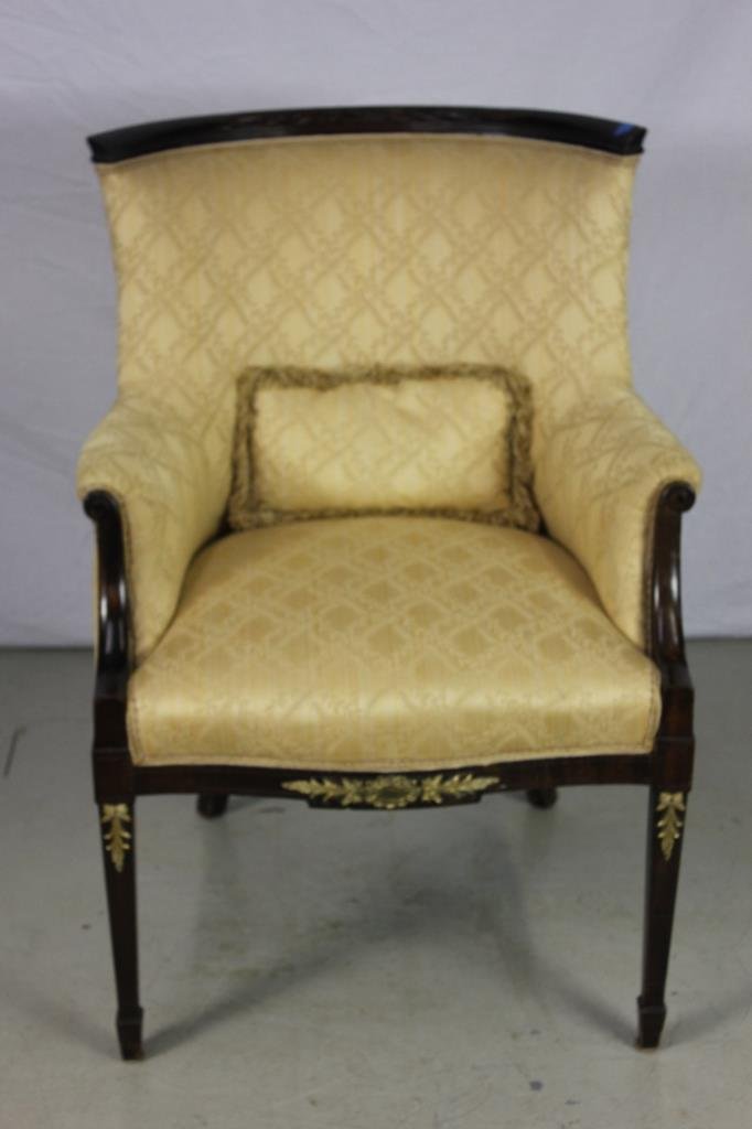 Hepplewhite Style Carved & Upholstered Armchair: Hepplewhite Style Carved & Upholstered Armchair Having a carved frame w. damask upholstery accent fringe pillow on four tapered squared legs with spade feet. Custom quality circa 1940. Height 35 inche