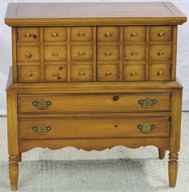 Mid Century Traditional Style Console Cabinet: Mid Century Traditional Style Console Cabinet Property of a Bedford NY Estate. Two doors with faux drawers on top. Two drawers on bottom. Height 33.5 inches. Width 23.5 inches. Depth 17 inches.