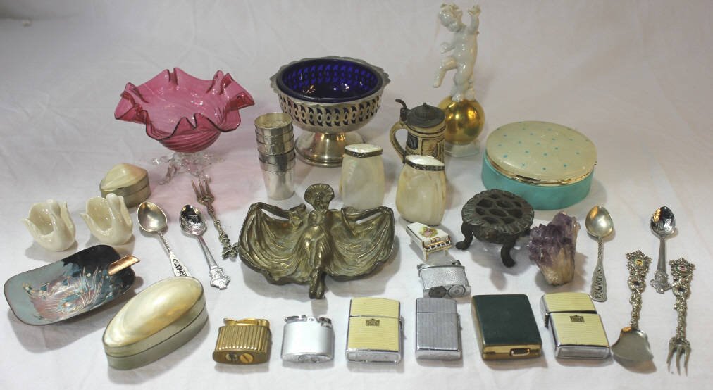 Assorted Vintage & Antique Table Articles: Various ages and materials represented. Compotes, boxes, trays, lighters, statues, etc.