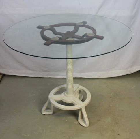 Industrial Metal Table Base with Glass Top: Height 28 Inches Width 21 Inches Glass Top Diameter 35 Inches