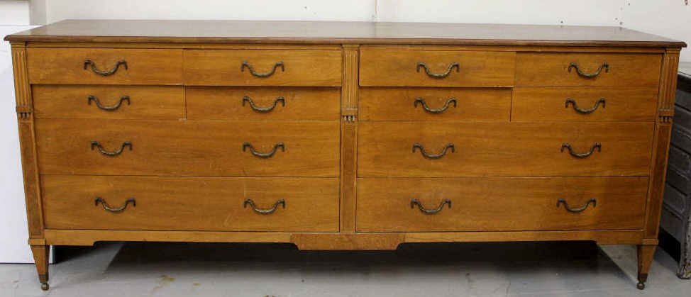 12 Drawer Beacon Hill Double Bureau: with Burl Inlay Height 34 Inches Width 84 Inches Depth 20.5 Inches