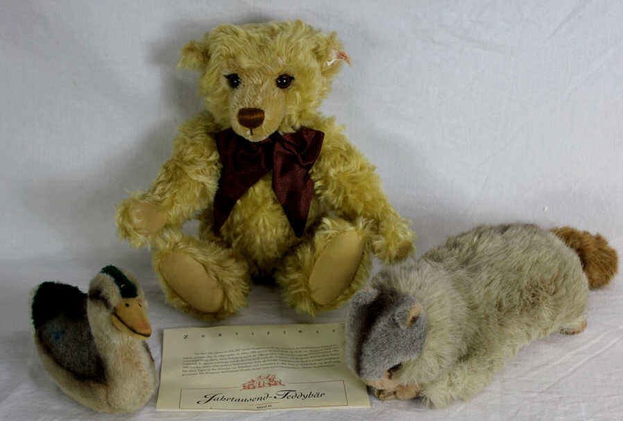 Three Steiff Stuffed Toys: Duck, Beaver and Teddy Bear