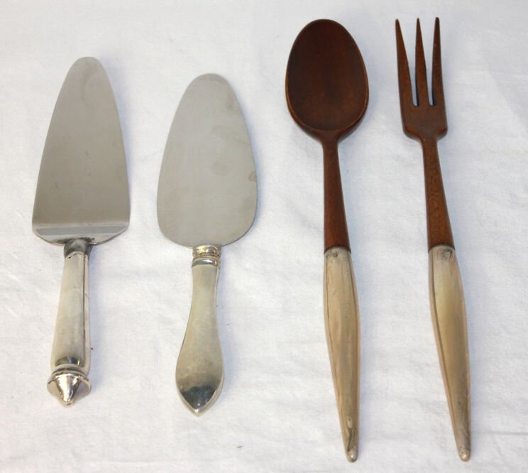 2 Sterling Handle Pie Servers and Salad Tongs: Sterling silver handle fork and spoon for serving salad. All handles marked sterling.