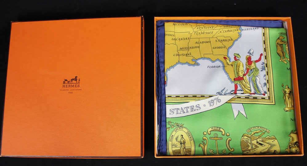 Hermes United States 1776-1976 Scarf: With map of the united states and each American state's coat of arms Property of a Westport, CT estate