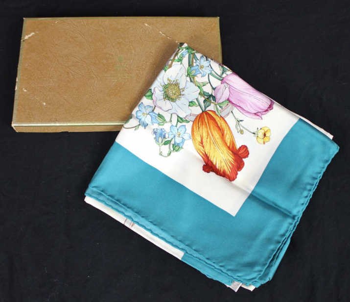 Gucci Scarf Garden Design with Teal Border: In original box. Property of a Westport, CT estate