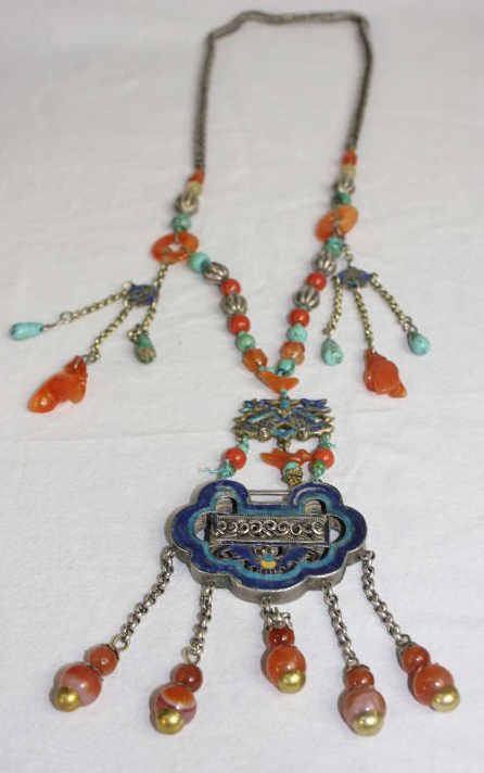 Chinese Sterling Silver Coral and Enamel Necklace: Coral beads with an enameled decorative pendant Property of a Westport, CT estate