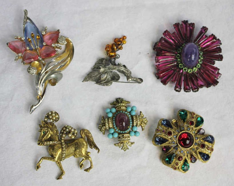 Six Costume Jewelry Pins: With colorful gems. Property of a Westport, CT estate